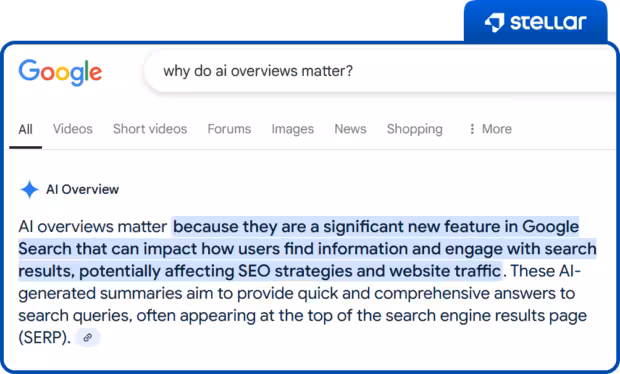 Google search result explaining why AI overviews affect SEO and search engagement.
