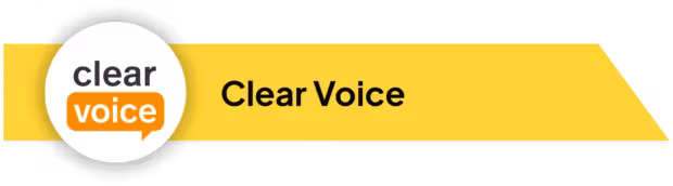 ClearVoice logo with orange and black text on a yellow banner