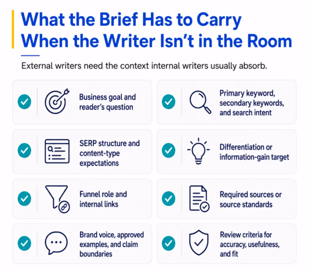 a graphic showing what a brief should contain for an outsourced blog writer