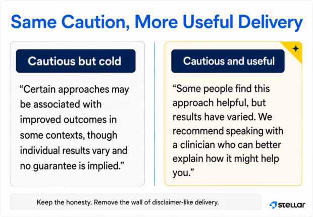 Before-and-after examples show cautious healthcare copy made more useful.