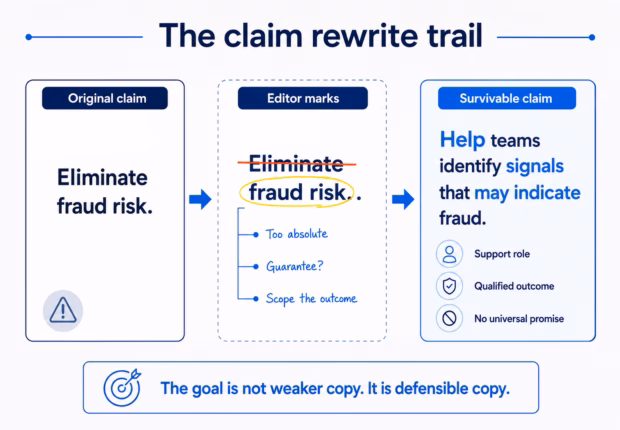 Three-step claim revision graphic showing “Eliminate fraud risk” edited into the safer claim “Help teams identify signals that may indicate fraud.”