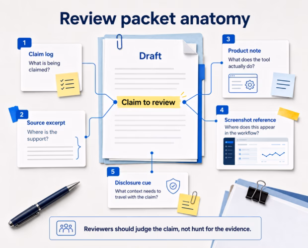 Review packet diagram showing a fintech draft supported by a claim log, source excerpt, product note, screenshot reference, and disclosure cue.