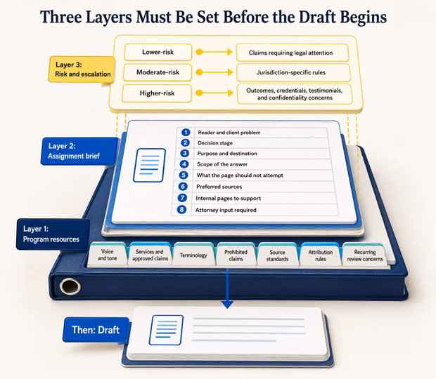 Stacked framework showing program resources, an assignment brief, and risk and escalation standards before drafting.
