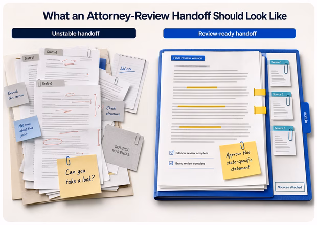 Side-by-side comparison of an unstable attorney-review handoff and a review-ready legal content package.