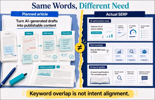 Split graphic contrasting a planned how-to about turning AI drafts into publishable content against an actual SERP full of AI optimization tools, tool roundups, and AI search guides, captioned 'Keyword overlap is not intent alignment.'
