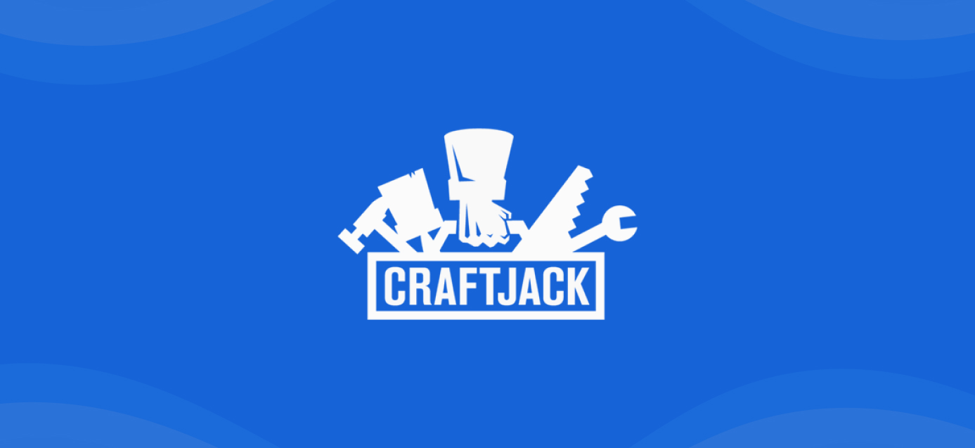 CraftJack logo with tools and a clenched fist above the name on a blue background
