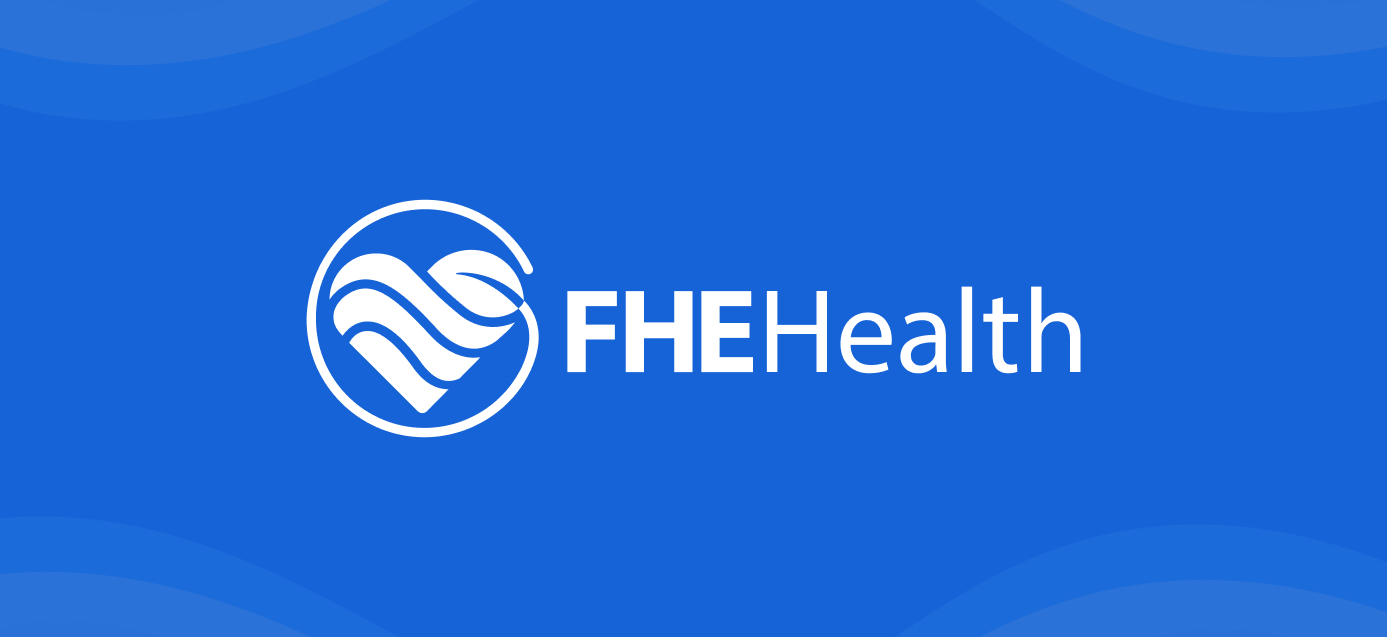 FHE Health logo on a blue background with white text