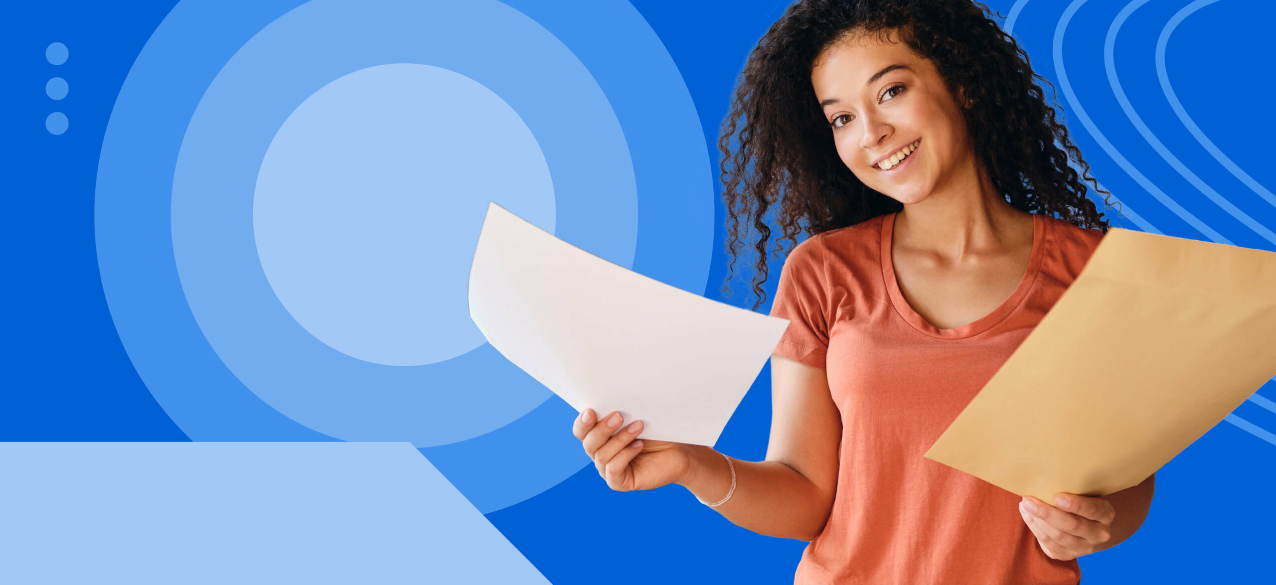 A woman, set against a vibrant blue background