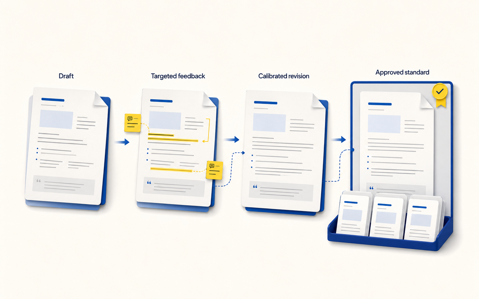 Content assignment moving from draft through targeted feedback and calibrated revision to an approved production standard.