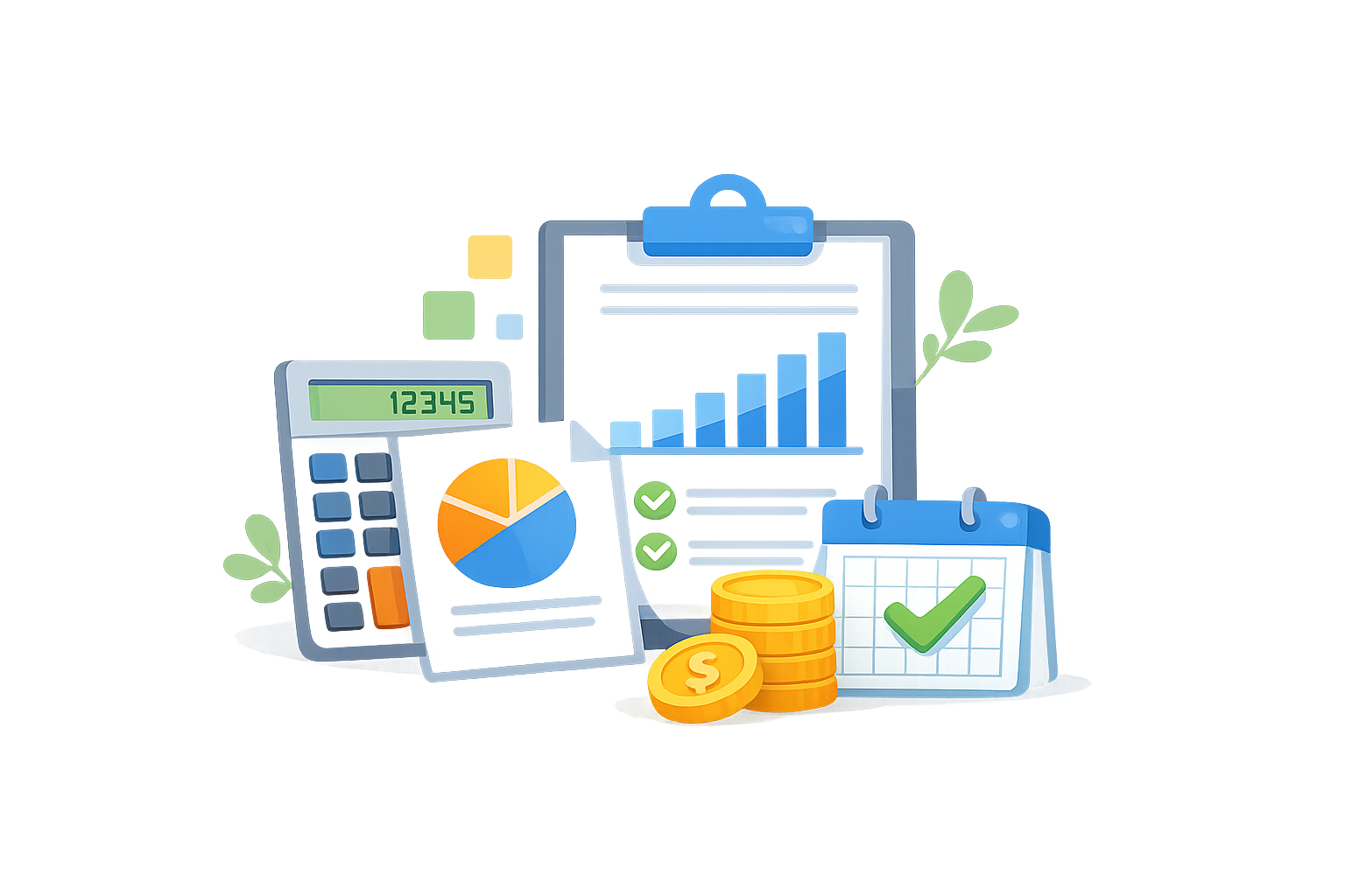 Illustration of accounting documents, calculator, charts, and financial planning tools