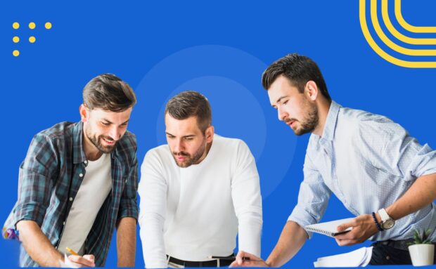 Three men collaborate at a desk, writing and reviewing notes together against a blue background with yellow accents.