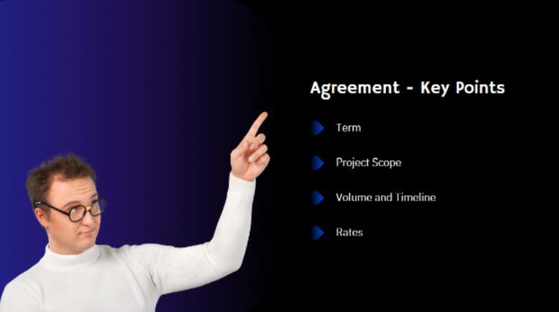 Agreement key points slide outlining project term, scope, volume, timeline, and rates.