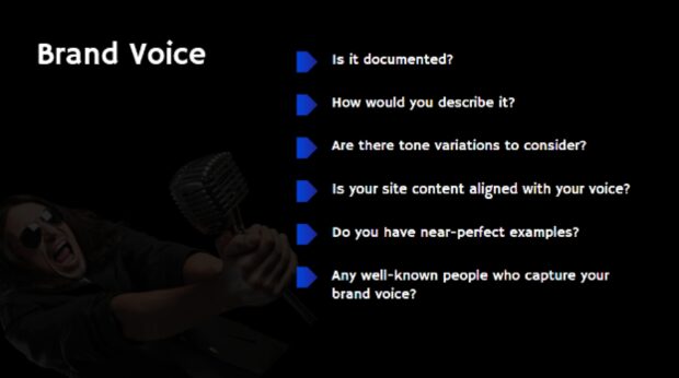 Brand voice slide with key questions about documentation, tone variations, and content alignment.