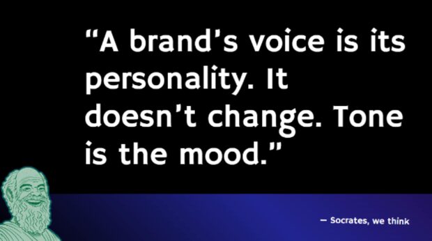 Quote slide explaining the difference between brand voice as personality and tone as mood in marketing.