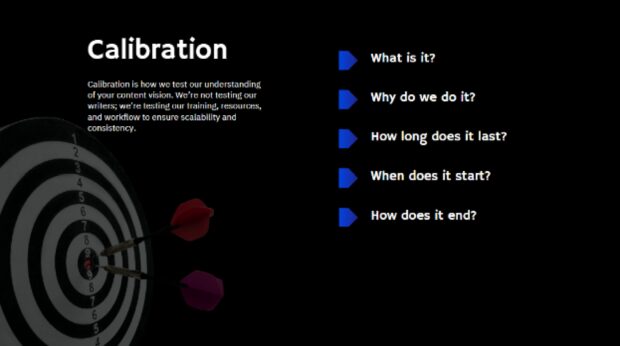 Calibration process slide explaining what calibration is, why it's done, and its role in content production workflow.