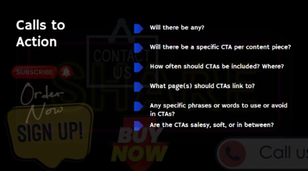 Calls to action slide discussing CTA frequency, page linking, tone, and word choice in content marketing.