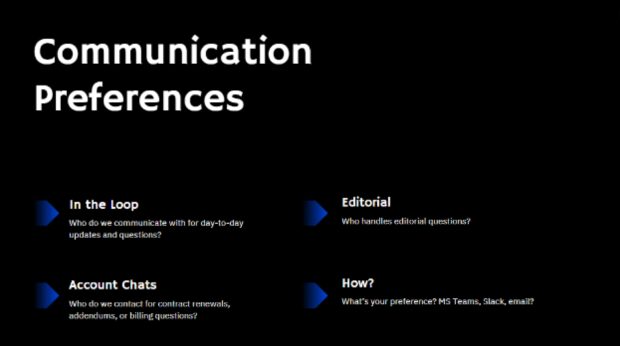 Communication preferences slide listing contacts for updates, editorial questions, account issues, and communication methods.