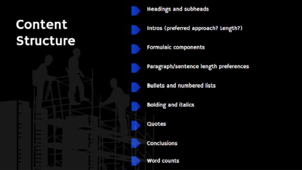 Content structure slide detailing headings, intros, paragraph length, bullet points, and formatting preferences.