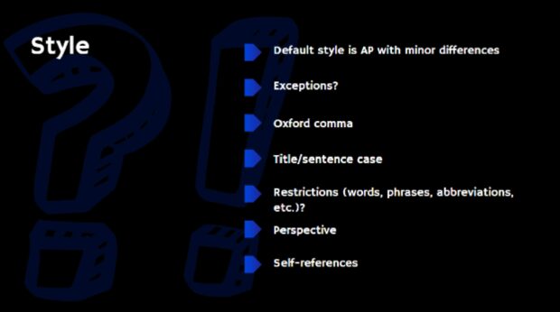 Content style slide listing AP style guidelines, Oxford comma usage, perspective, restrictions, and self-references.