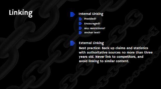 Internal and external linking slide explaining best practices for anchor text, authoritative sources, and restrictions.