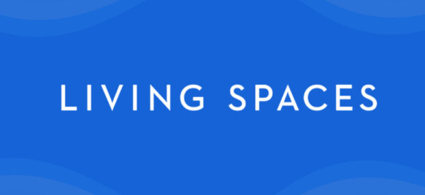Living Spaces logo on a blue background with white text