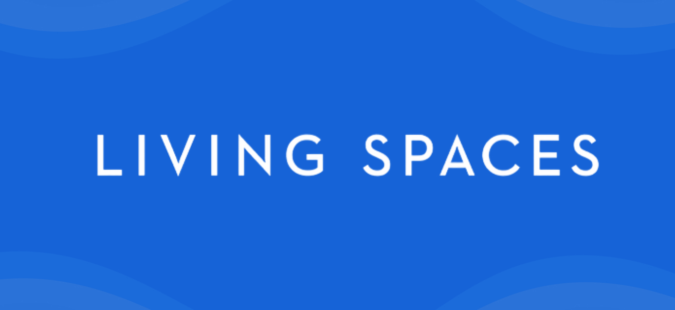 Living Spaces logo on a blue background with white text