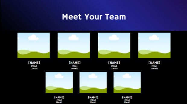 Meet your team slide with placeholders for names, titles, and contact information in a content presentation.