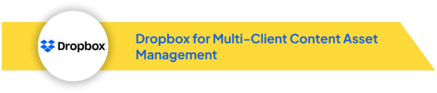 Dropbox logo with text 'Dropbox for Multi-Client Content Asset Management' on a yellow banner.
