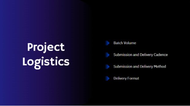 Project logistics slide outlining batch volume, delivery cadence, submission methods, and final formats.