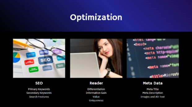 Optimization slide highlighting SEO keywords, metadata best practices, and content value for readers.