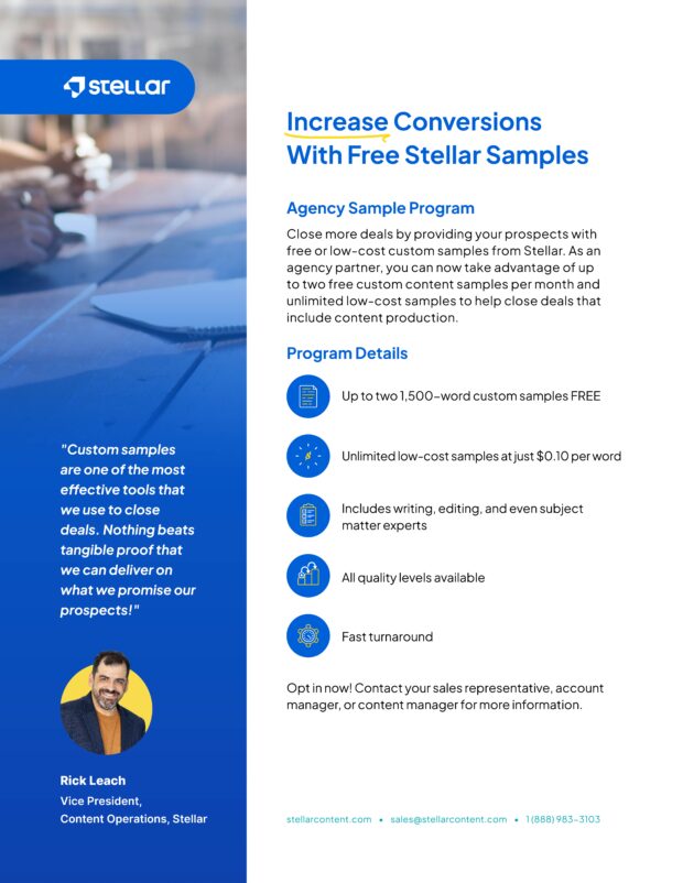 Stellar flyer offering agency partners free and low-cost custom content samples to boost conversions.
