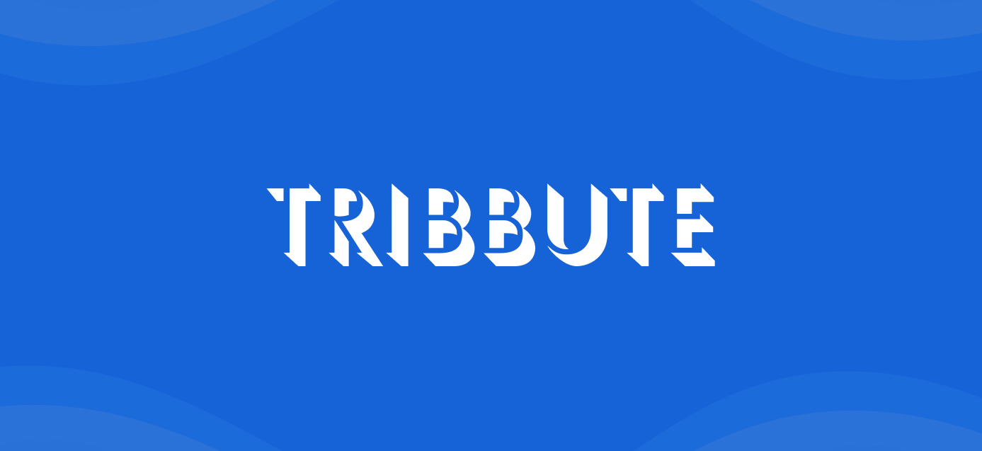 TRIBBUTE logo on a blue background with white text