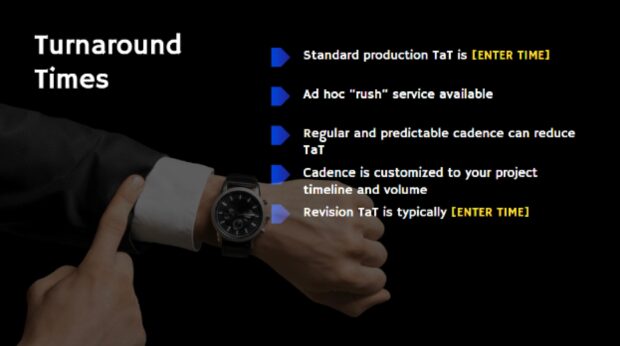 Turnaround times slide covering production timelines, rush service options, and cadence customization.