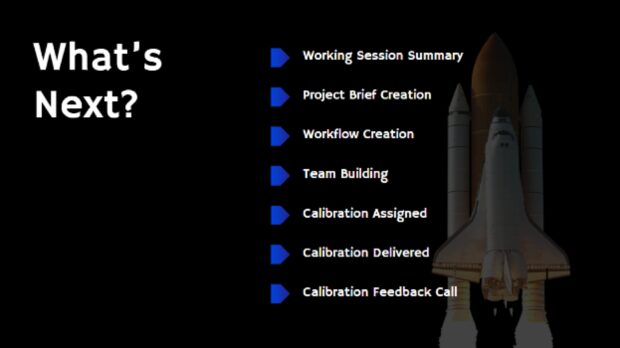 What's next slide outlining project workflow steps including working session summary, project briefs, and calibration feedback calls.